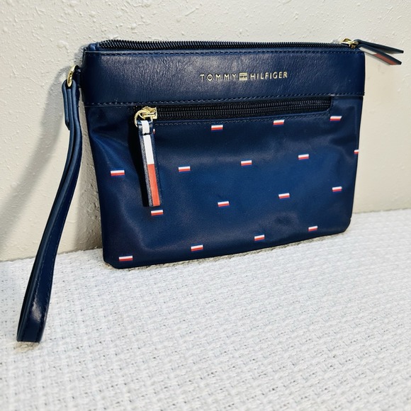 Tommy Hilfiger Handbags - Tommy Hilfiger Blue Wristlet Wallet & Clutch, Pouch, Flag Print, Gold Hardware